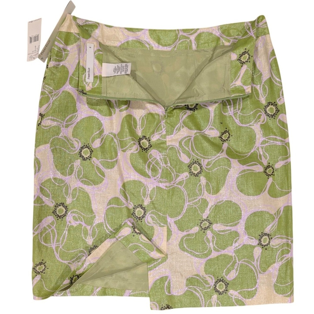 NWT Perry Ellis Apple Green Floral Linen Blend Metallic Pencil Skirt Pockets 6 - Picture 7 of 11